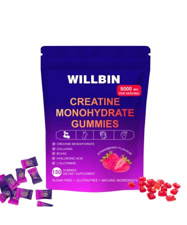 Willbin Creatine Gummies - Strawberry Flavor | 5000mg Creatine Monohydrate per Serving | Vegan-Friendly Pre-Workout Energy Support for Muscle Growth & Strength (150)