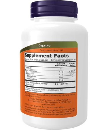 NOW Psyllium Husk Capsules 500mg - Non-GMO, Natural Soluble Fiber for Intestinal Health - 200 Veg Capsules - Buy Online on GoSupps.com