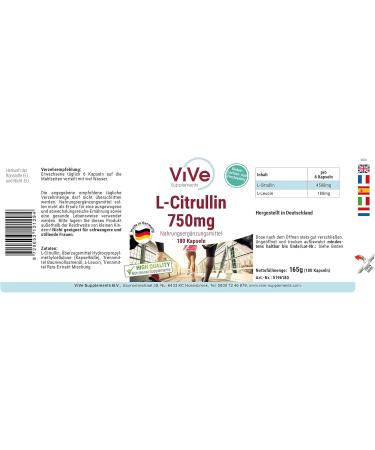 L-Citrulline 750 mg - 180 Vegan Capsules | High Dose Amino Acid Supplement | Quality from Germany - ViVe Supplements - Buy Online on GoSupps.com