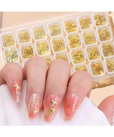 28 Grids Gold Metal Nail Studs  Multiple Shapes Rivet Jewelry Accessories  3D Mix Geometry Nail Art Glitter Flakes Decorations Set for Women Girls Manicure Acrylic Nails Supplies DIY Crafts Sequins Gold Nail Studs