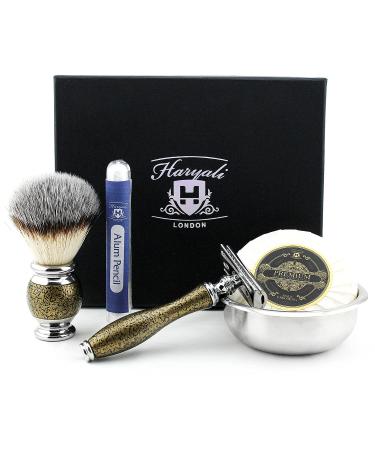Vintage Style Men's Shaving & Grooming Set ft Synthetic Brush DE Safety (Blades NOT Included) Engraved Bowl & Soap