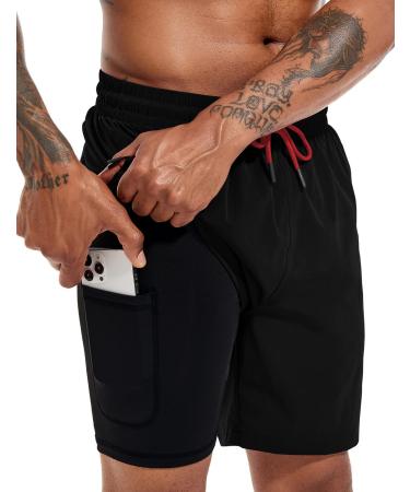 Atforna swimming trunks men long 2 in 1 swim shorts with compression fast -drying breathable swim shorts with zip pocket adjustable tunnel pull l black