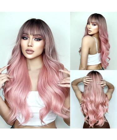 ISHINE Pink Wigs for Women  Long Wavy Curly Wigs  No Lace Colored Wigs with Bangs  Ombre Black to Pink Wig  Synthetic Wigs for Daily Cosplay Party Replacement 24inch
