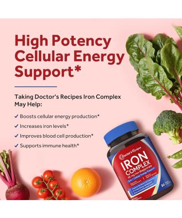 Doctor's Recipes Iron 65 mg & Iron Complex Bundle Energy Production & Blood Health Stomach Friendly Iron Tablets 60 ct & Iron Capsules 30 ct - Buy Online on GoSupps.com