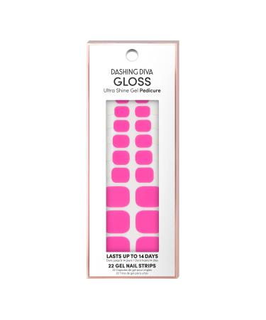 Dashing Diva Gloss Pedicure Nail Strips - Shocking Pink | UV Free, Chip Resistant, Long Lasting Gel Pedicure Stickers | Contains 22 Nail Wraps, 1 Prep Pad, 1 Nail File