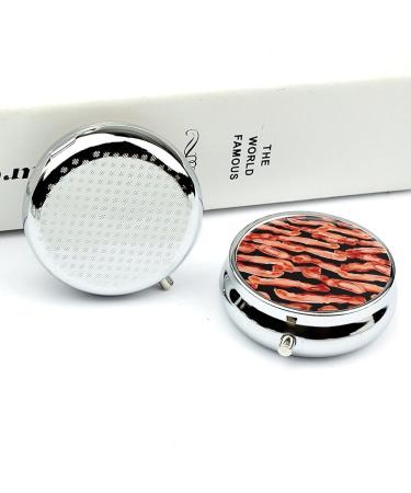 Round Pill Box - Bacon Pattern Print 3 Compartment Portable Medicine Organizer Decorative Metal Pocket Pill Case - Buy Online on GoSupps.com