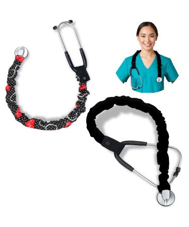 ABAMERICA Stethoscope Cover Scrunchie Cloth Stethoscope Sleeve Compatible with Littman Stethoscope or Other Removable Tube 2 Pack Black+ Red Stethoscope