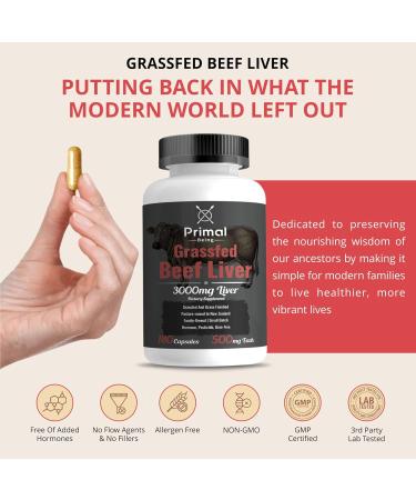 Primal Being Grassfed Beef Liver - 3000mg Freeze Dried Capsules - Pasture Raised in New Zealand - Natural Beef Organ Supplement - Liver Supplement for Energy and Wellness - 180 Count - Buy Online on GoSupps.com