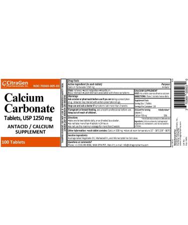 Calcium Carbonate Tablets USP 1250 mg for Relief of Acid Indigestion Heartburn Sour Stomach Upset Stomach and as Calcium Supplement 100 Tablets per Bottle by CitraGen Pharmaceuticals Inc - Buy Online on GoSupps.com