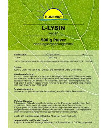 Bonemis L-Lysine 500g - Premium Vegan Amino Acid | Pure Additive-Free Quality - Buy Online on GoSupps.com