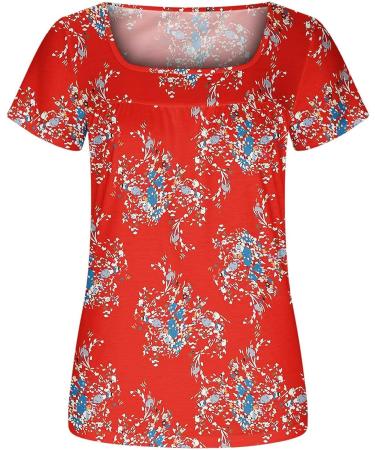 Women's Square Neck Floral Print Tee - Red | Casual Loose Fit Blouse - Buy Online on GoSupps.com