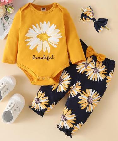 Koonde Baby Girl Outfit Set | 3-Piece Newborn to 24 Months Romper, Trouser & Headband | 0-3 Months | Yellow + Navy - Buy Online on GoSupps.com
