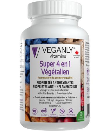 VEGANLY Vitamins Vegan Super 4-in-1 Antioxidants & Anti-inflammation Supplement 90 veggie capsules. Joint pain relief Easy digestion Liver health & Prevent nausea. Multi health benefits in a holistic approach to well-being. (NPN80085494) - Buy Online on GoSupps.com