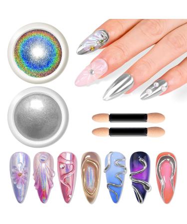 Poudre Chrome Ongle Argent: BISHENGYF Miroir Effet Holographique Poudre Ongle 2PCS Ongle Poudre Paillettes Metal Ongle Aurora Chrome Nail Powder Pigment Ongle Nail Art Paillet e Facile DIY Salon D co B- Argent & Holo