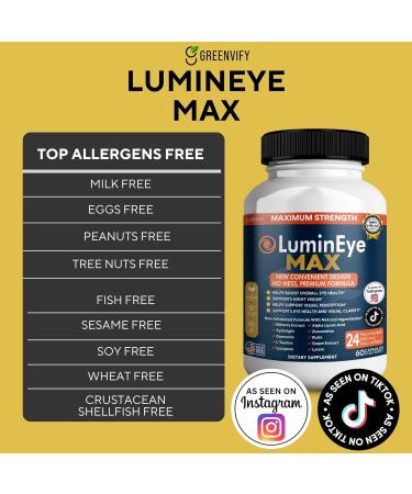 GREENVIFY LuminEye MAX Eye Health Supplement 60 Veggie Capsules with Lutein Bilberry Extract 24 Premium Ingredients Maximum Strength Vision Support (1) - Buy Online on GoSupps.com
