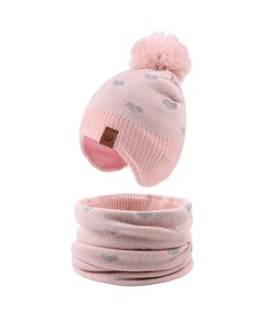 XIAOHAWANG Knitted Baby Hat Winter Warm Boys Girls Beanie Fleece Lining Toddler Kids Hat with Pompom 4-7 Years Pink Hat+Scarf