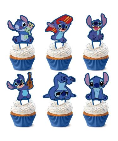 NIAYOU 24 Pcs Blue Cupcake Toppers- Blue Stitch Themed Cake Decorations Cartoon Happy Birthday Cupcake Toppers for Boys Girls Kids Birthday Party Supplies