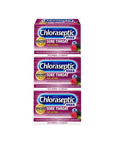 Chloraseptic Max Strength Sore Throat Lozenges, Wild Berries Flavor, 15 Count (Pack of 3)