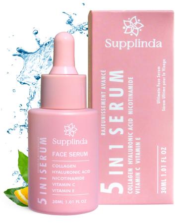 Supplinda - Face Serum 5-in-1: Vitamin C Hyaluronic Acid Collagen Nicotinamide & Vitamin E Hydrates & Firms Skin Lightweight & Quickly Absorbs Fragrance-Free Serum for all Skin Types - 30ml