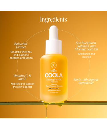 COOLA Firming Face Oil SPF 30 Organic Lightweight Hydrating Sunscreen Oil with Bakuchiol Vitamins C D E Sea Buckthorn & Moringa Oils Firms & Smooths Skin 1.1 Oz - Buy Online on GoSupps.com