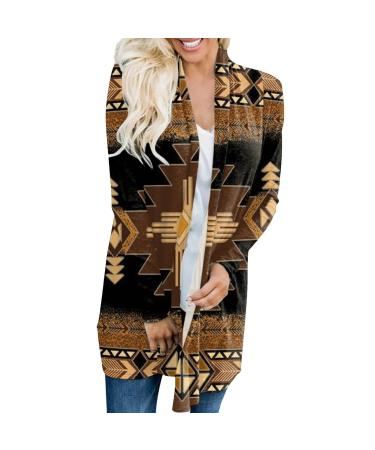 Apfopard Women Aztec Print Long Sleeve Lightweight Cardigans Open Front T-Shirt Coat Outerwear Loose Shirt Fall Spring Top X-Large J66-brown