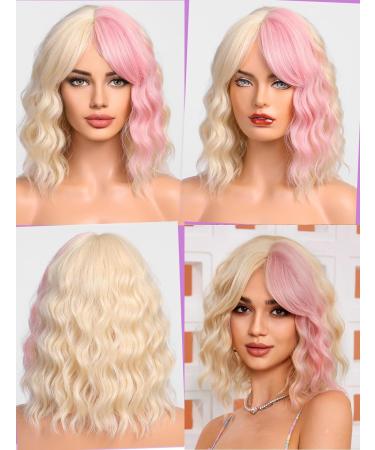 WOKESTAR Bob Curly Wig 12 Blonde Pink Highlights | Short Synthetic Wavy Wig for Women - Buy Online on GoSupps.com