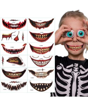 12 Styles Halloween Temporary Tat toos Kit Horror Mouth Tat too Stickers Halloween Temporary Tatt oos Face Makeup Waterproof Realistic Scar Wound Sticker for Halloween Cosplay Decorations - Buy Online on GoSupps.com