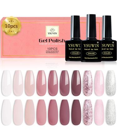 Yueshop 10Pcs Gel Nail Polish Set - Nude Pink Glitter Silver White Varnish Kit for DIY Manicure | Soak Off LED Lamp Gel Polish, Ideal Beauty Gift - Buy Online on GoSupps.com