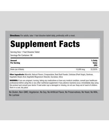 Piping Rock Biotin 10000mcg Tablets | 90 Berry Flavor | Max Strength, Fast Dissolve Sublingual | Vegetarian, Non-GMO, Gluten-Free - Buy Online on GoSupps.com