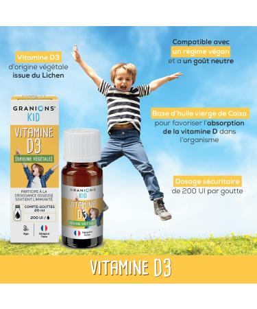 GRANIONS KID BIO VITAMIN D3 - Dropper 20 ml - 200 IU per drop - Double action - Bone Growth and Immunity - Vegetable origin - Optimal absorption - Neutral taste - Vegan - Buy Online on GoSupps.com