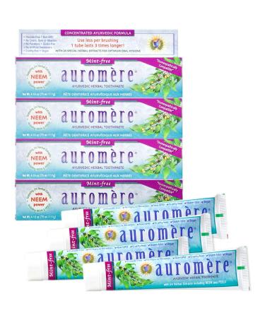 Auromere Ayurvedic Herbal Toothpaste Mint Free - Vegan Natural Non GMO Fluoride Free Gluten Free with Neem & Peelu (4.16 oz) 4 Pack 4.16 Ounce (Pack of 4)