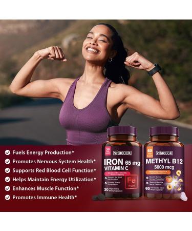 Iron and Vitamin B12 Bundle 5000 mcg B12 Zero Sugar Carbonyl Iron with Vitamin C Gentle on The Stomach - Buy Online on GoSupps.com