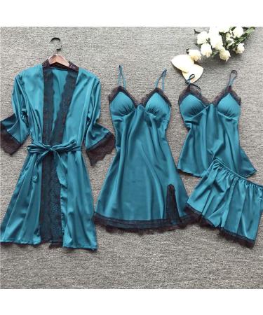 Silk 4pcs Pajama Set for Women | Cami Top, Shorts, Nightgown, Robe | Sexy & Cute Lounge Sleepwear | 3X-Large (B1_blue) - Buy Online on GoSupps.com