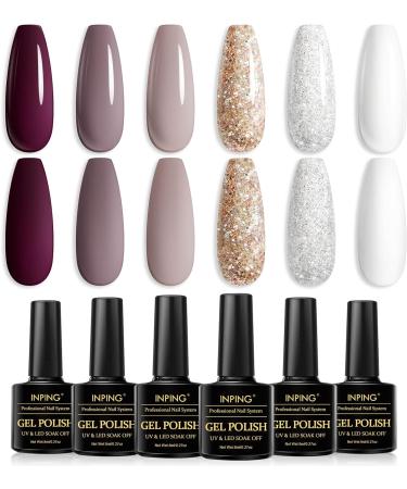 INPING Gel Nail Polish Set - 6 Colors Nude, Maroon, Burgundy, Red, Gray, Glitter - Soak Off UV/LED Nail Varnish for Women - DIY Nail Art Salon - Beauty Gifts - Buy Online on GoSupps.com