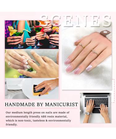 24Pcs Short Square Fake Nails Pink White Glitter Full Cover Glossy Stick on Nails for Women - Style 5 - Buy Online on GoSupps.com