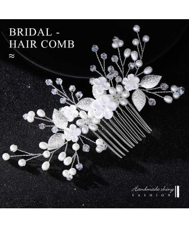 Handsess Bridal Wedding Flowers Hair Comb Silver Rhinestone Hairpieces Leaf Bridal Side Combs Pearl Wedding Hair Accessories for Women and Girls - Buy Online on GoSupps.com