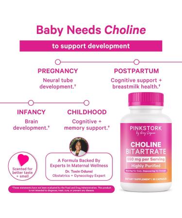 Pink Stork Choline - 550 mg Choline Bitartrate from VitaCholine for Pregnant + Postpartum Moms - Prenatal Vitamin for Fetal Cognitive Health + Breast Milk Quality - 1 Capsule Daily 30 Count - Buy Online on GoSupps.com