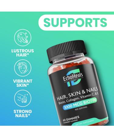 EchoHeals CEUTICALS Hair, Skin & Nail Gummies | Biotin Collagen Vitamin C & E Supplement | 3000mcg Biotin | Raspberry Flavored | 60 Gummies - Buy Online on GoSupps.com
