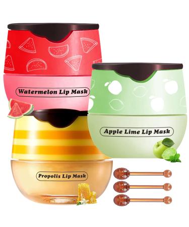 3 PCS Lip Balm Honey Pot Honey & Apple Lime & Watermelem Lip Mask Vitamin E & Moisturizing Propolis Sleeping Lip Mask Prevention Dry and Cracked Lip Scrubs Exfoliator Christmas Gifts B#