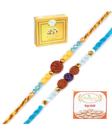 Ghasitaram Gifts Rakhi for Brother Rakhis Online - Set of 2-1906 and 1907 Rudraksh Rakhis with 200 GMS of Kaju katli and 200 GMS of Soan Papdi