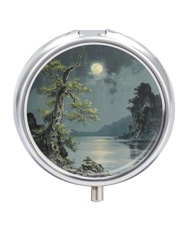 Pill Box Pill Case 3 Compartment Travel Pill Box Tree with Green Leaves Printing Small Pill Box Portable Medicine Pill Case Pill Organizer for Purse & Pocket for Travel Handbag (Round)