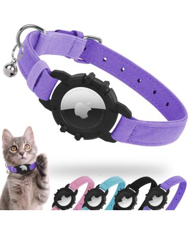 Airtag cat neck band integrated Apple Air Tag Katzenhalsband soft GPS cat neck bands with Airtag holder and bell light tracker cat neck bands for girls young cats kitten and 9-13 inch (23-33cm) purple