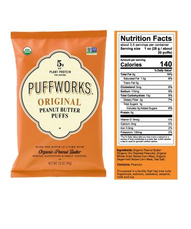 Puffworks Original Organic Peanut Butter Puffs - Plant-Based Protein Snack (Pack of 3) - Vegan, Gluten-Free, Kosher - 3.5 Ounce - Buy Online on GoSupps.com