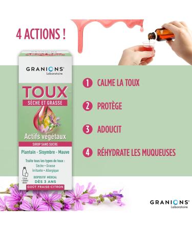 GRANIONS Cough Syrup - 4 in 1 - Sugar Free - Dry and Oily Cough Syrup - Natural Formula without Contraindications - Plantain Extract - Medical Device - From 3 Years | Strawberry-Lemon Flavor - 120 ml - Buy Online on GoSupps.com