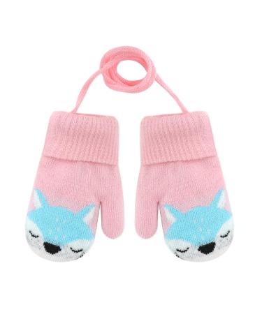 JIAHG Children's Winter Knit Gloves with String Baby Toddlers Hand-Warming Mittens Cute Cartoon Fox kids Gloves Outdoor Warm Mitts Insulated Cold Weather Gloves for 1-3 Years Boys and Girls Fox-pink