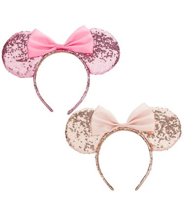 Mouse Ears headband,2pcs Sequin Halloween Minnie Ears Headband Glitter Hairband for Princess Party Cosplay Costume Headwear Minnie&Mickey Themed Party Decorations (Gold&Pink)