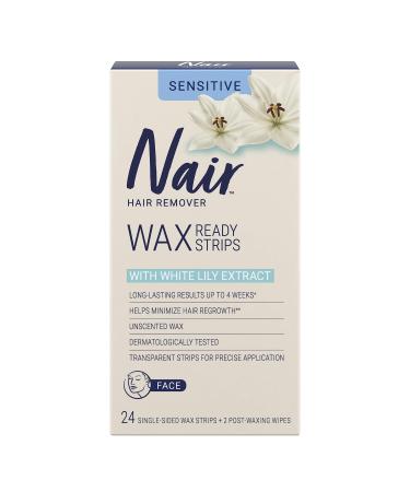 Nair Wax Ready Strips for Face Unscented for Sensitive Skin with White Lily 24 Strips + 2 Finishing Wipes Packaging May Vary Face (White Lily)