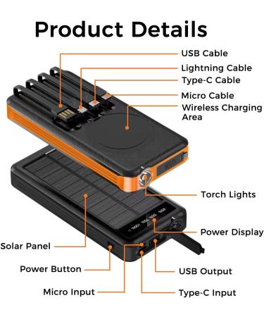Alpha Digital Outdoor Solar Portable Power Bank with Wireless Charging 10000mAh - Orange - Buy Online on GoSupps.com
