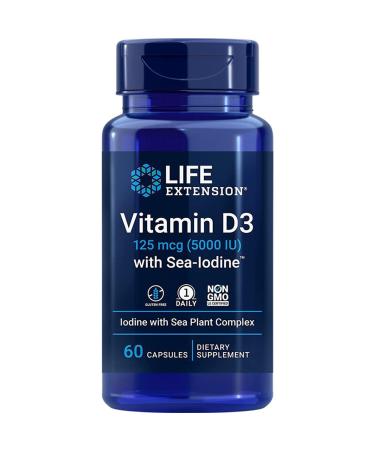 Life Extension Vitamin D3 125mcg (5000 IU) Deposit One Capsule Every 5 Days with Sea Iodine 60 Capsules Gluten Free Soy-Free Non-GMO