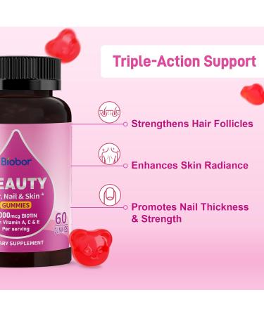 Natural 6000mcg Biotin Gummies No Sugar Added Hair Skin and Nails Beauty Gummies with Vitamins A C E for Women Men GMO Free Gluten Free 60 Count (Pack of 1) - Buy Online on GoSupps.com
